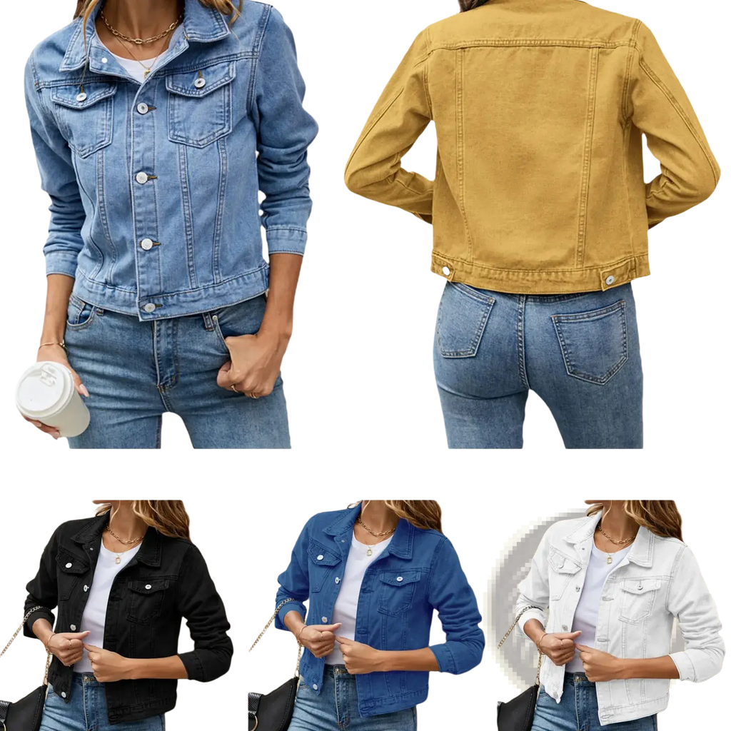 Women slim fit denim jacket casual button down jean coat in blue black yellow and white with button closures and flap pockets