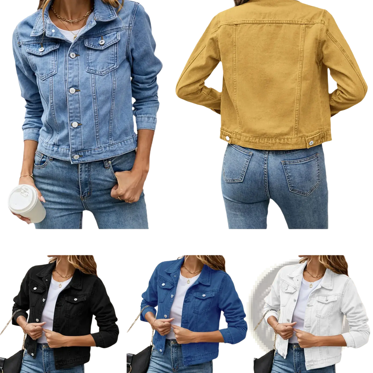 Women slim fit denim jacket casual button down jean coat in blue black yellow and white with button closures and flap pockets