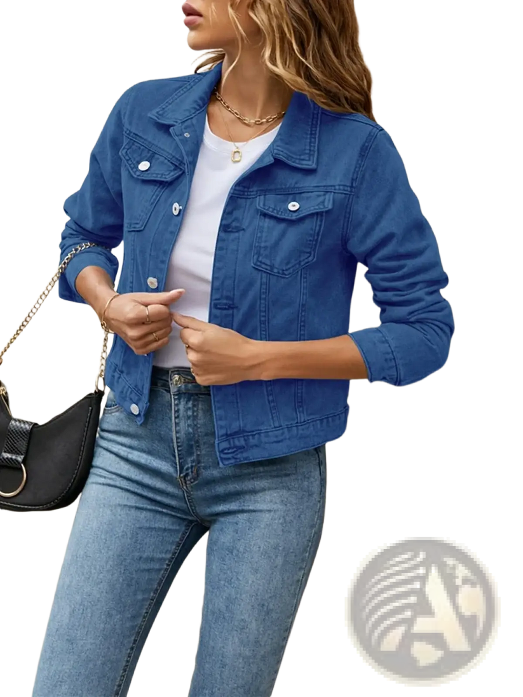 Blue slim fit denim jacket with silver buttons and classic collar casual button down jean coat for women