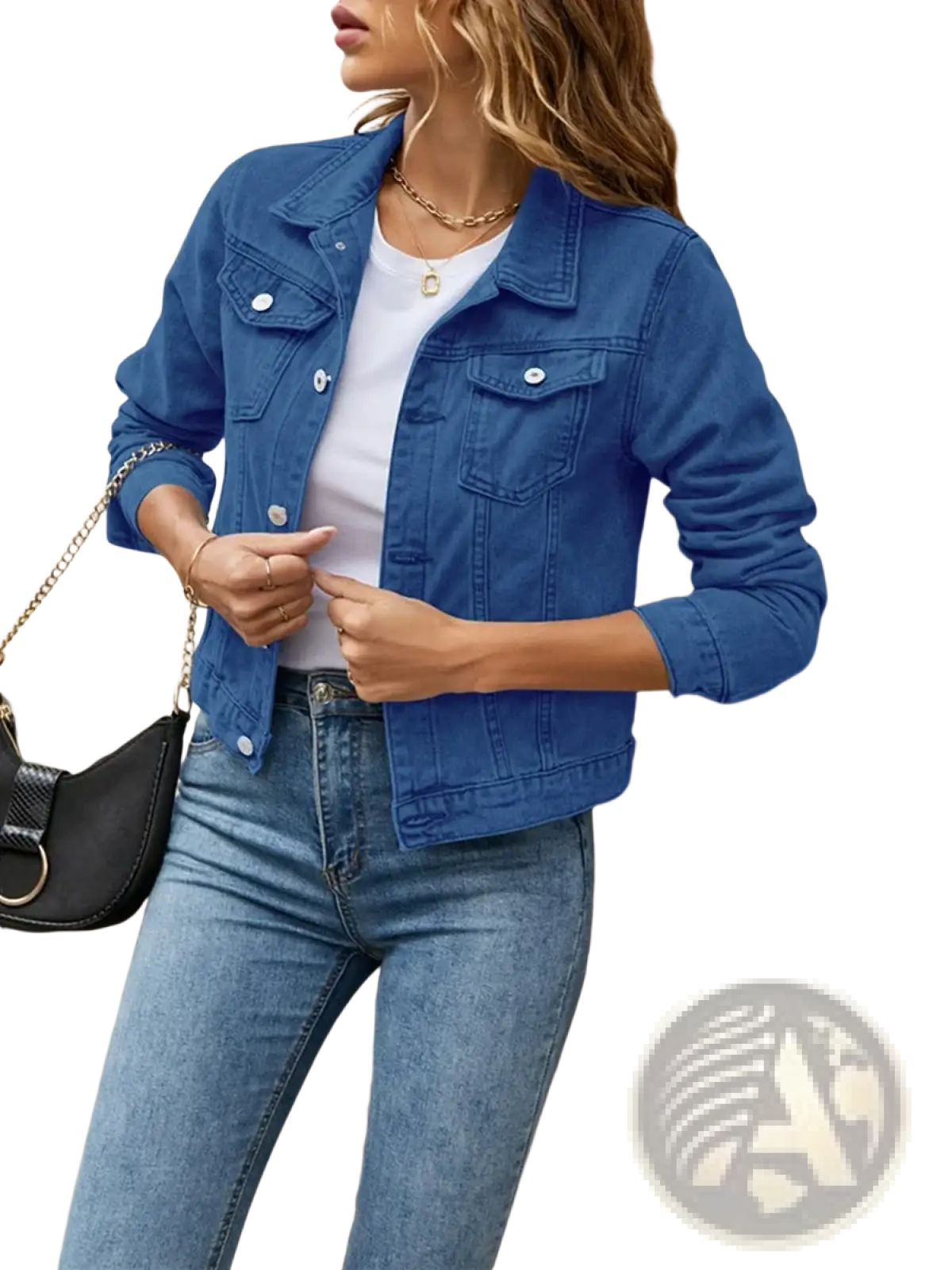 Blue slim fit denim jacket with silver buttons and classic collar casual button down jean coat for women