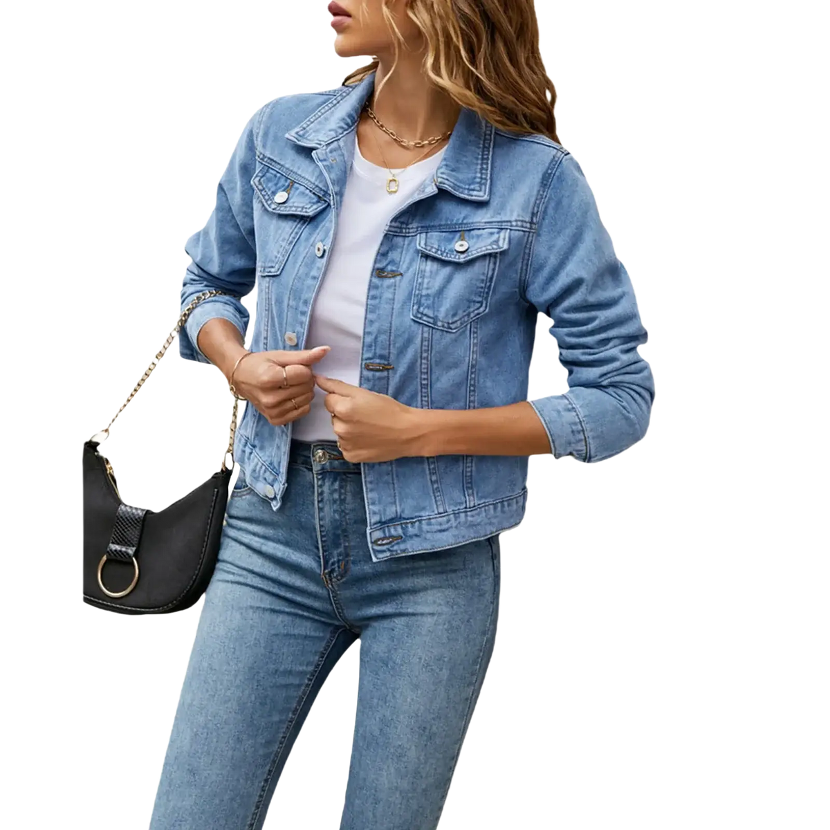 Women slim fit light-wash denim jacket with classic button-front design and two chest pockets for casual wear