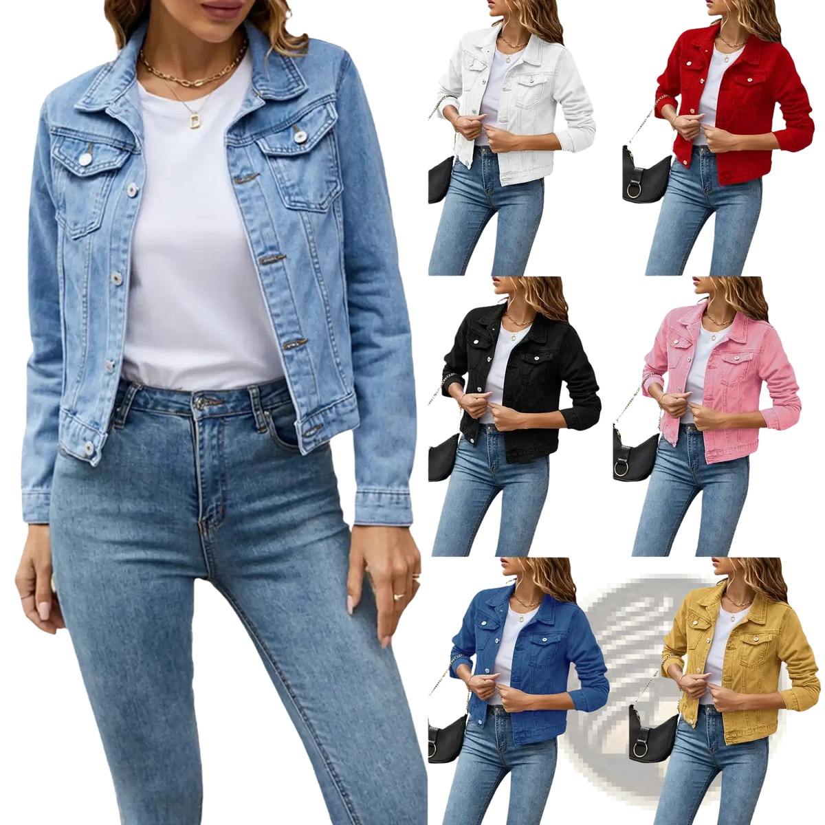 Women slim fit light-wash denim jacket with classic button front design and flap pockets for casual wear