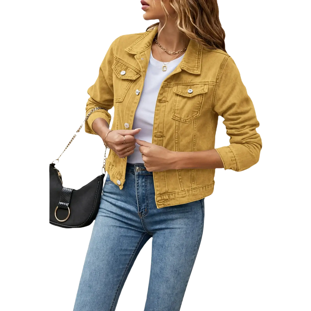 Women slim fit mustard yellow denim jacket with silver buttons and classic flap pockets for casual wear