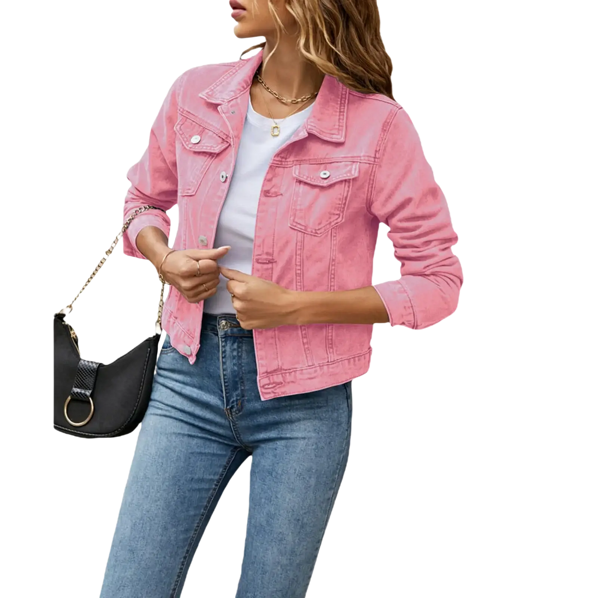 Women slim fit pink denim jacket with silver buttons and classic flap pockets casual button down jean coat front view