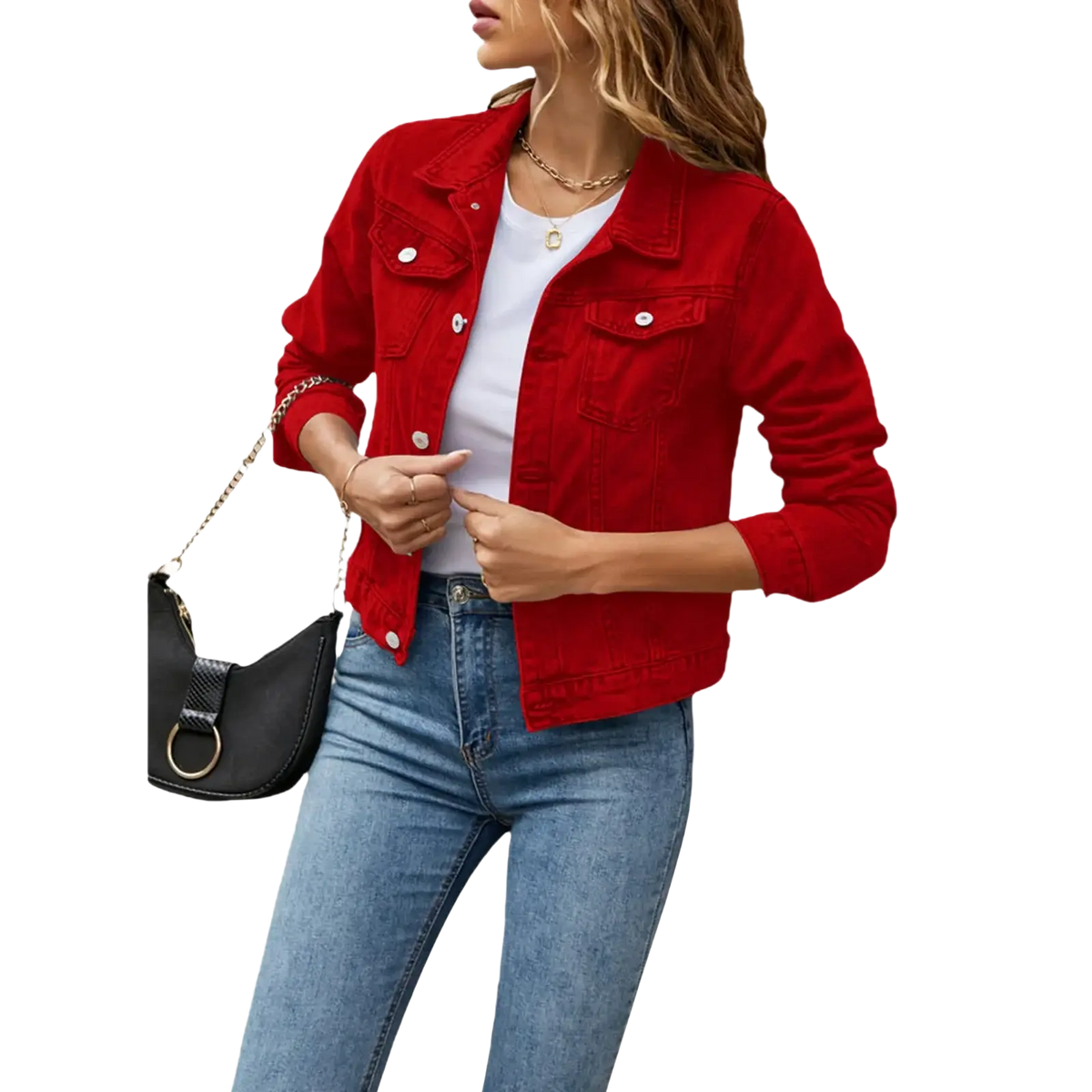 Women slim fit red denim jacket with silver buttons and classic flap pockets for casual wear