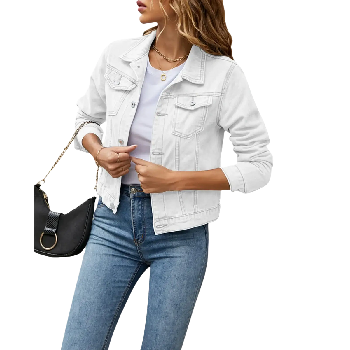 White slim fit denim jacket with classic button closure and front pockets casual button down jean coat for women