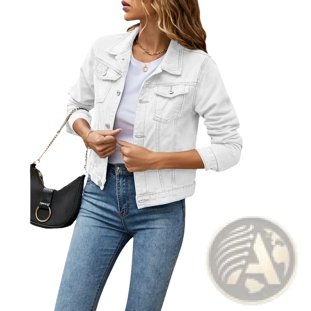 White slim fit denim jacket with classic button closure and front pockets casual button down jean coat for women