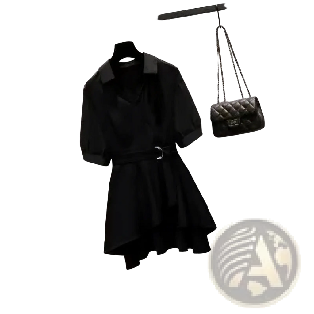 Black short-sleeved shirt dress with collar and belt detail combining casual and workwear elegance