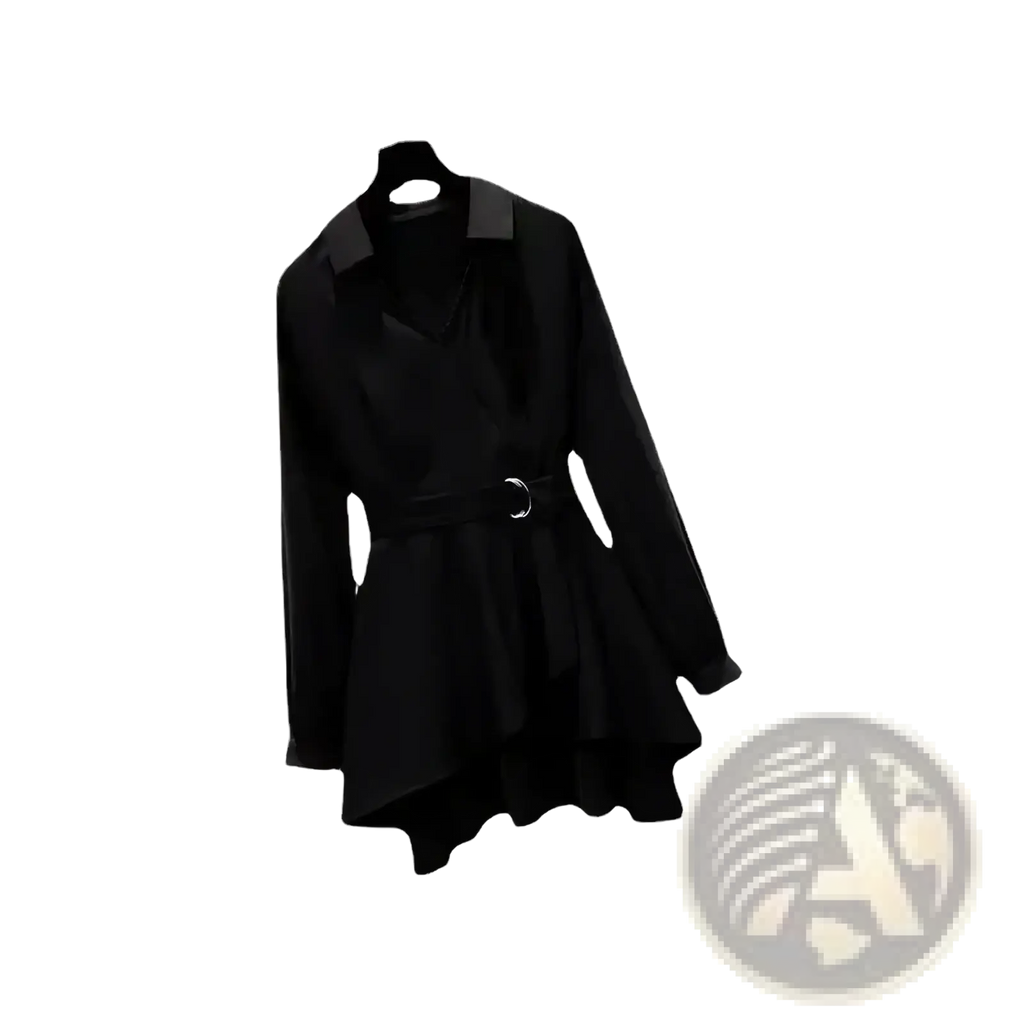 Women slim fit black long sleeve blouse with collar and silver ring belt buckle for casual workwear