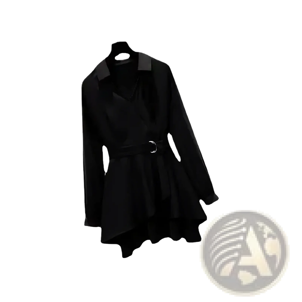 Women slim fit black long sleeve blouse with collar and silver ring belt buckle for casual workwear