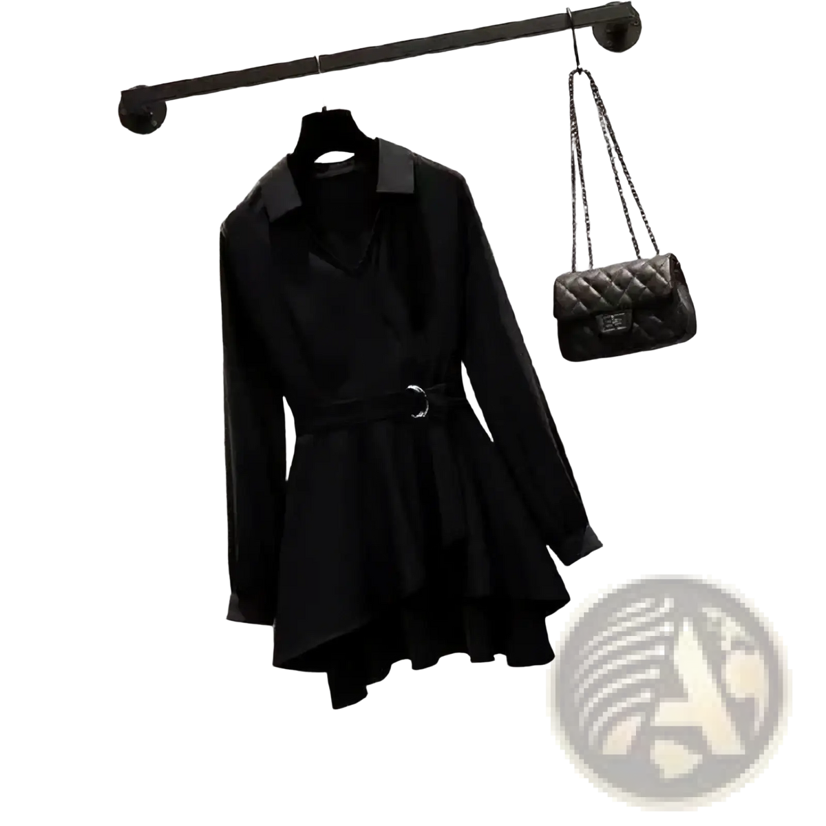 Black slim fit long sleeve shirt dress with collar belted waist and asymmetrical hemline for casual workwear