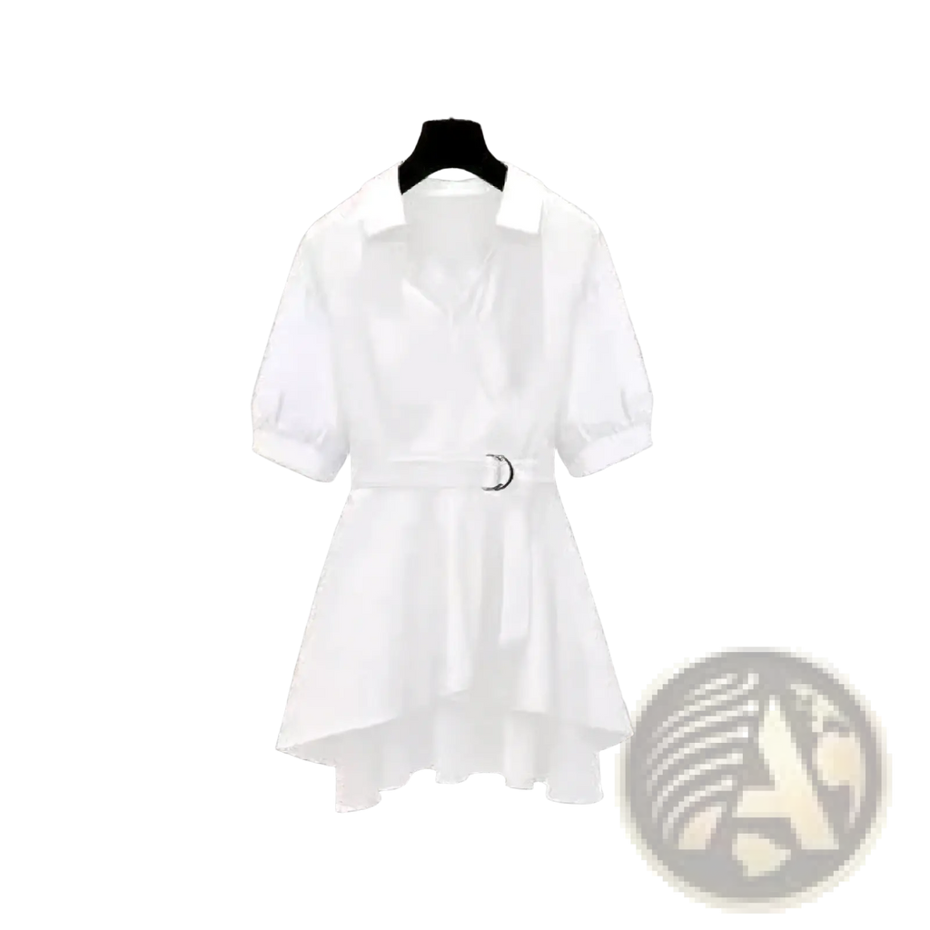 White cotton shirt dress with short puffed sleeves collar and belted waist for casual workwear slim fit style