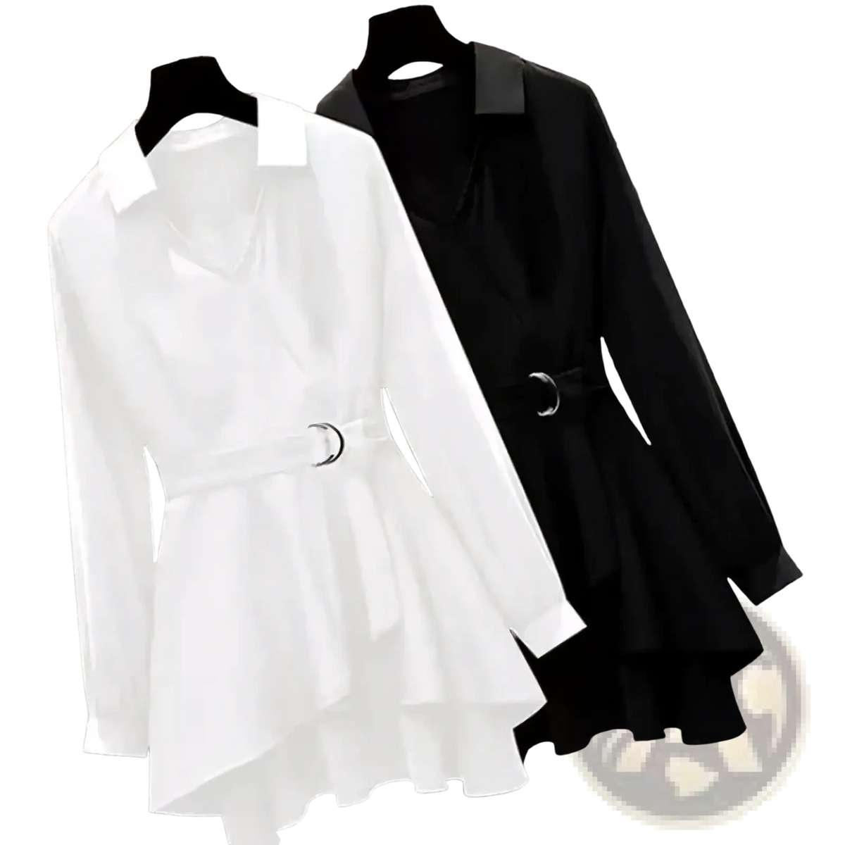 Women slim fit long sleeve white shirt dress with collar belted waist and flared asymmetrical hem for casual workwear
