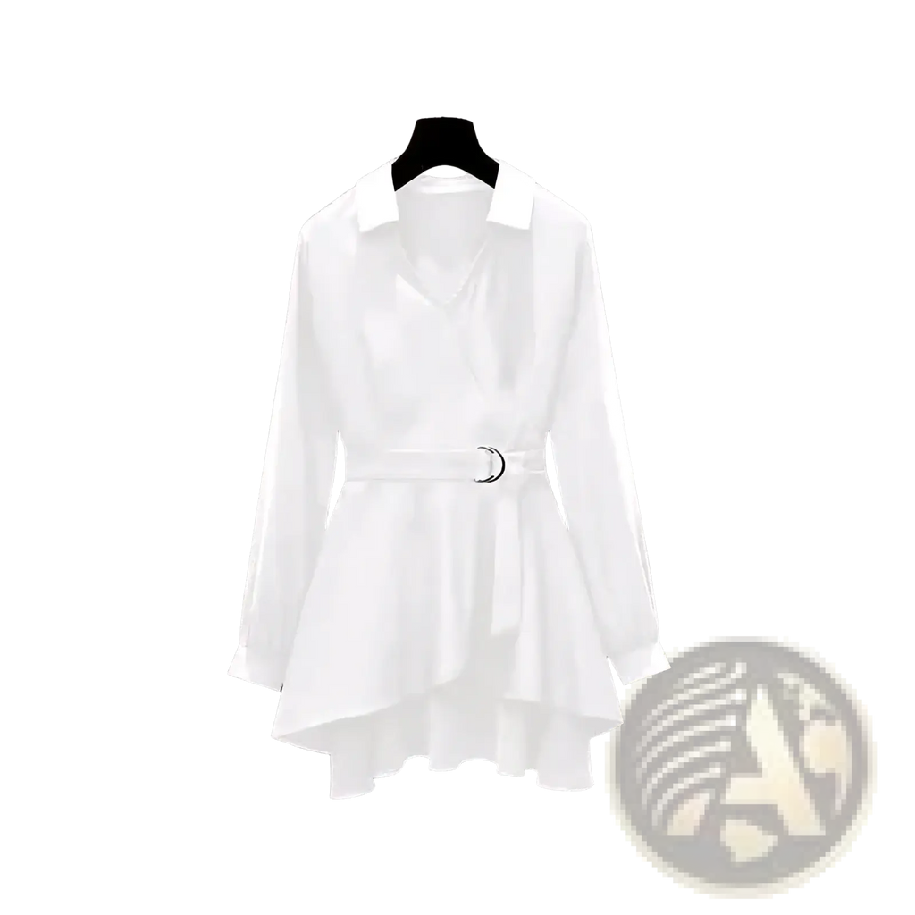 White long-sleeved shirt dress with collar belted waist and asymmetrical hemline for casual workwear women slim fit blouse