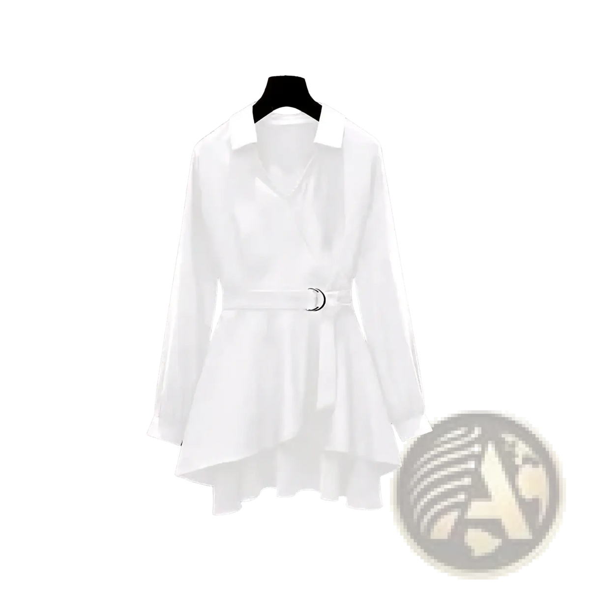 White long-sleeved shirt dress with collar belted waist and asymmetrical hemline for casual workwear women slim fit blouse