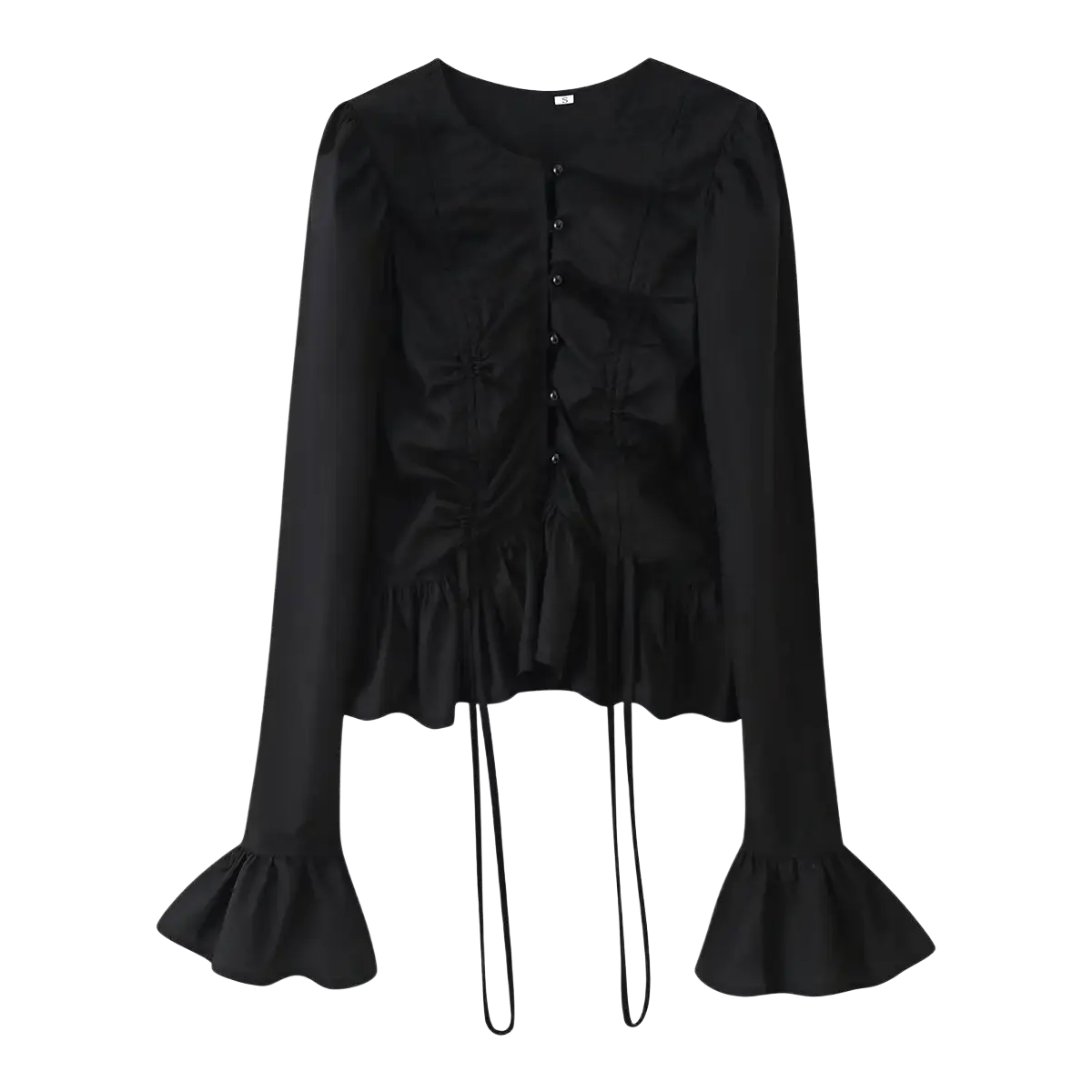 Black slim-fit long sleeve blouse with ruffled detailing, round neckline, button front closure, and flared cuffs