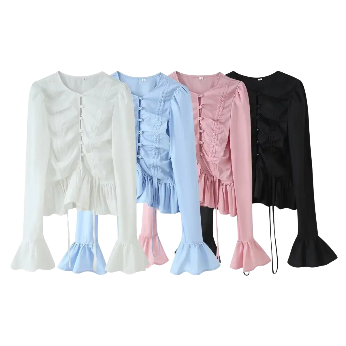 Four slim-fit long sleeve blouse tops in white light blue pink and black with ruched sleeves and a round neckline