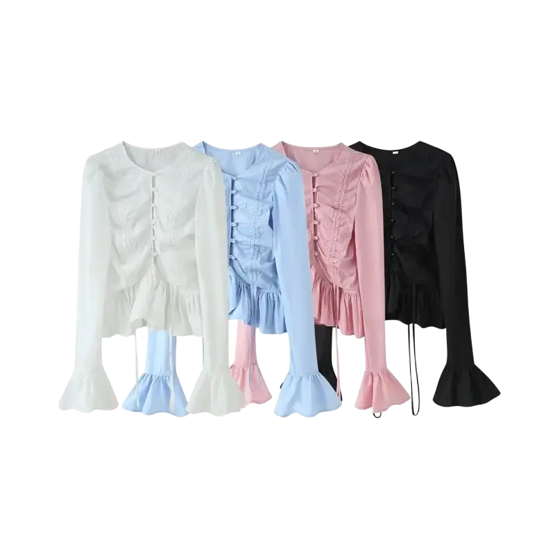 Four zbza women slim fit long sleeve tops with round neckline in white light blue pink and black with ruched front and bell sleeves
