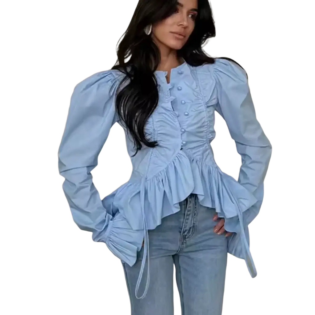 Women slim fit long sleeve light blue blouse with puffed sleeves ruched bodice flared peplum hem and round neckline