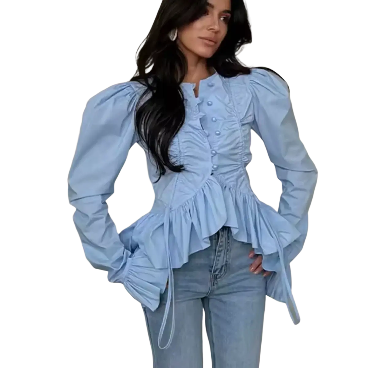 Women slim fit long sleeve light blue blouse with puffed sleeves ruched bodice flared peplum hem and round neckline
