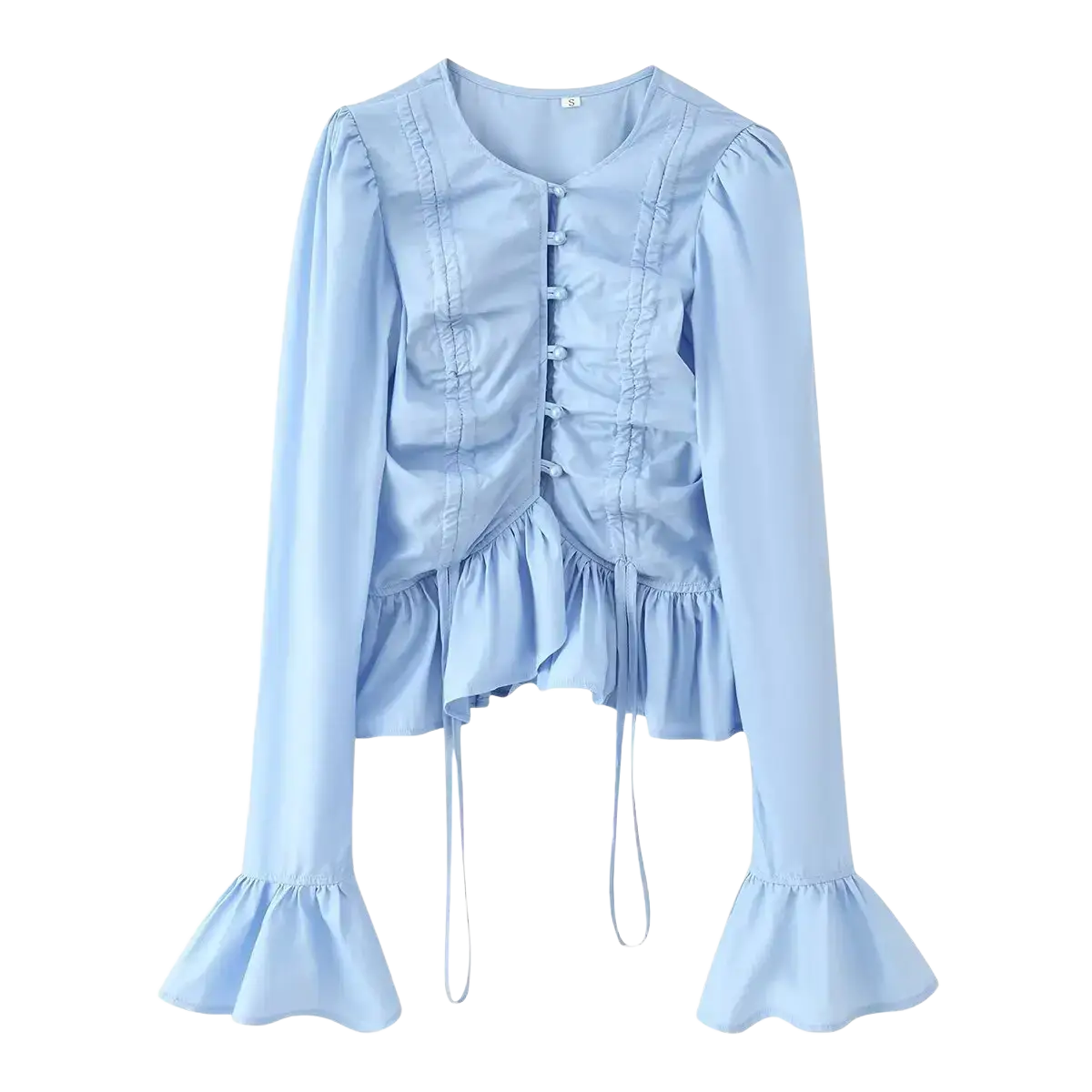Light blue women slim-fit long sleeve blouse with ruched front, round neckline, button closure, and flared cuffs