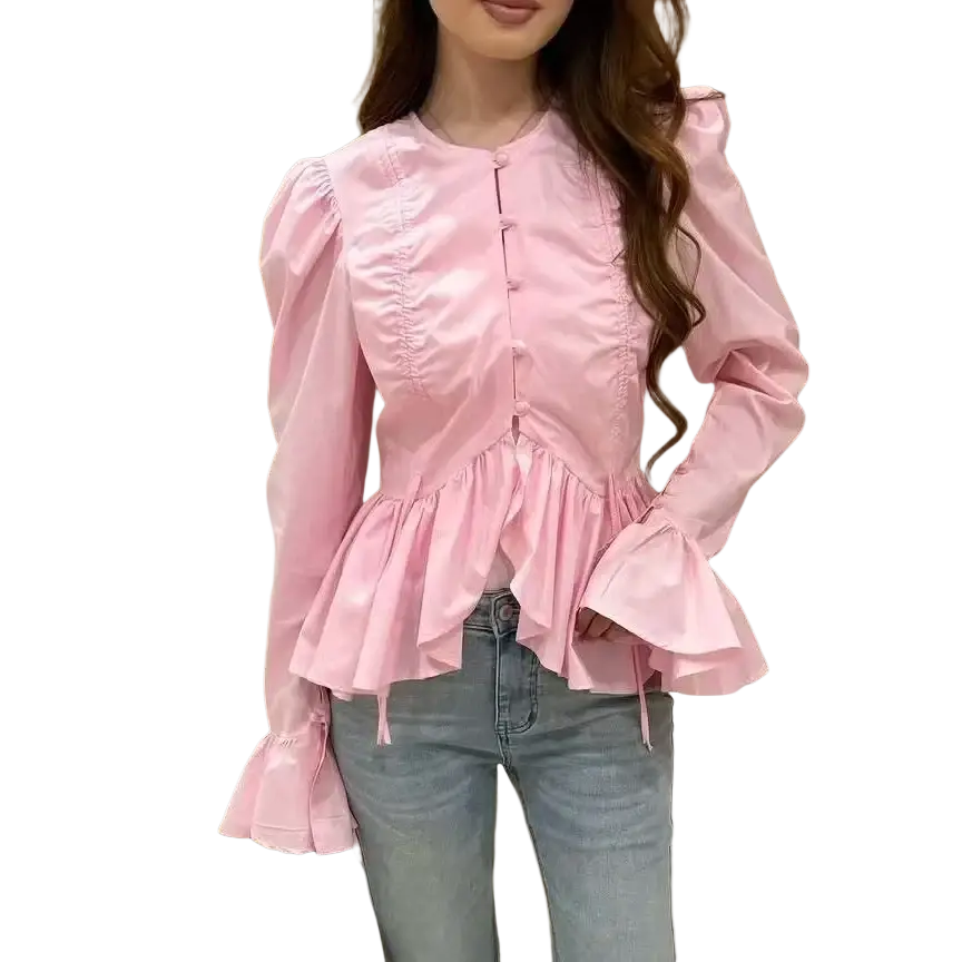 A soft pink satin women slim fit long sleeve top with puffed sleeves ruffled hem and round neckline