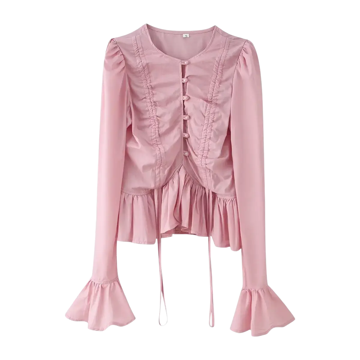Women slim fit long sleeve round neck top in soft pink with ruched front, flared cuffs, and frilled hem detail