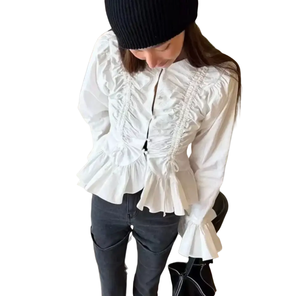 White slim-fit blouse with ruched detailing, round neckline, flared sleeves, and peplum hem for women