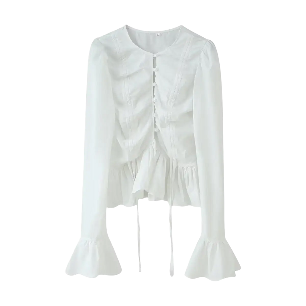 Women slim fit long sleeve round neck top in white with ruffled detailing and flared cuffs for elegant wear