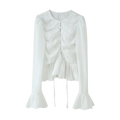 Women slim fit long sleeve round neck top in white with ruffled detailing and flared cuffs for elegant wear