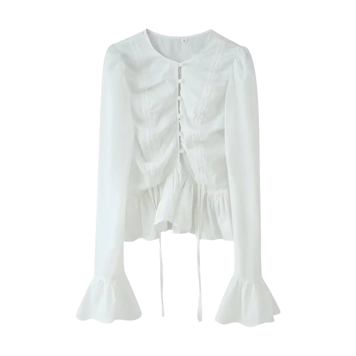 Women slim fit long sleeve round neck top in white with ruffled detailing and flared cuffs for elegant wear