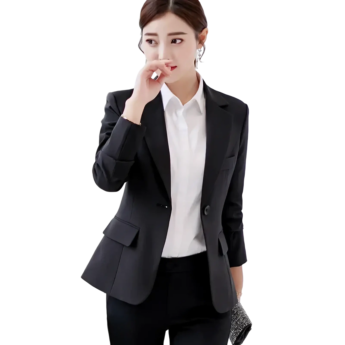 Women slim fit office blazer jacket in black tailored fabric with notched lapels and flap pockets