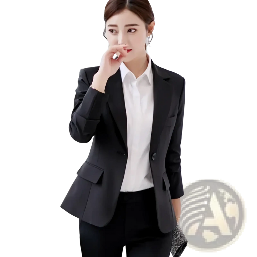Women slim fit office blazer jacket in black tailored fabric with notched lapels and flap pockets
