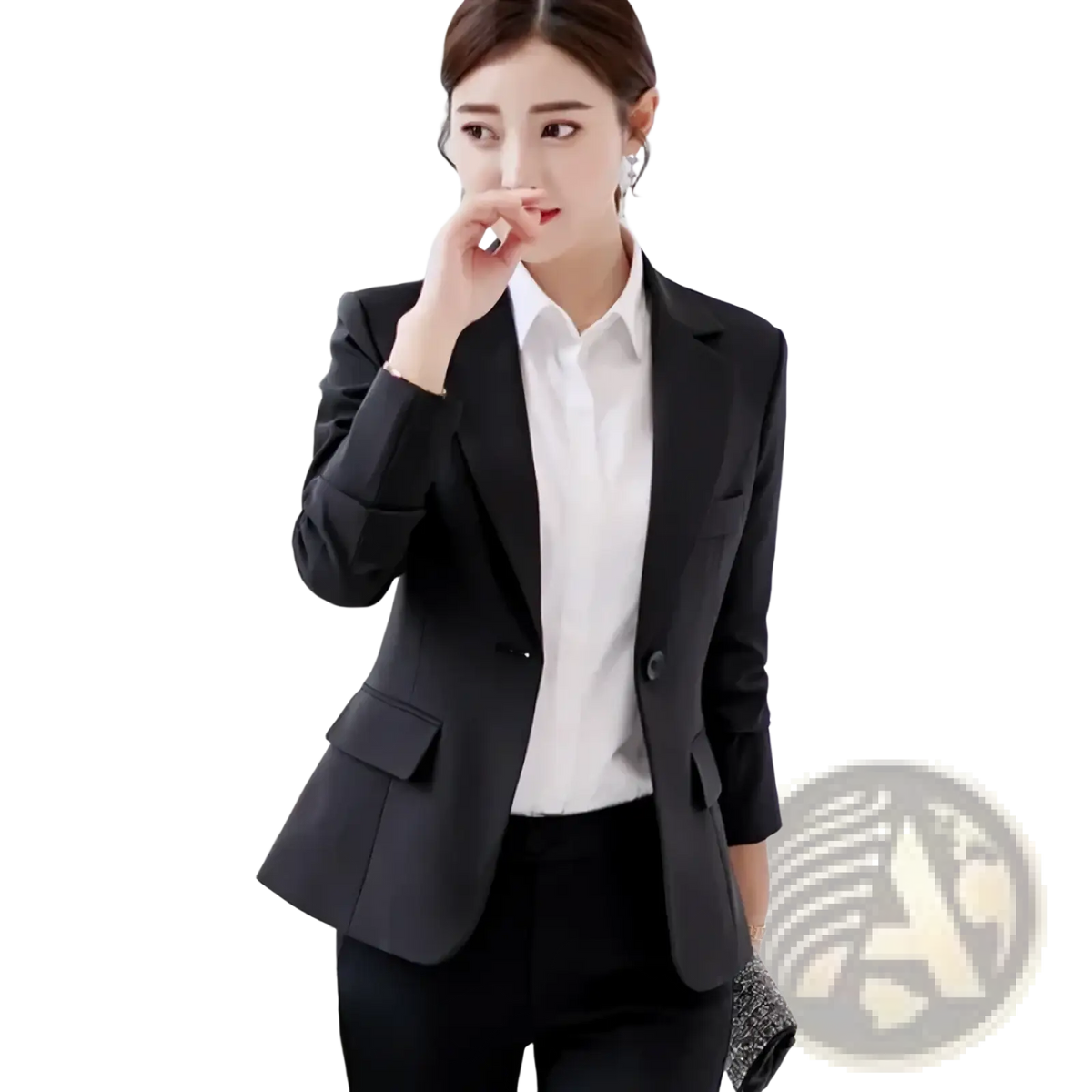 Women slim fit office blazer jacket in black tailored fabric with notched lapels and flap pockets