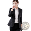 Women slim fit office blazer jacket in black tailored fabric with notched lapels and flap pockets