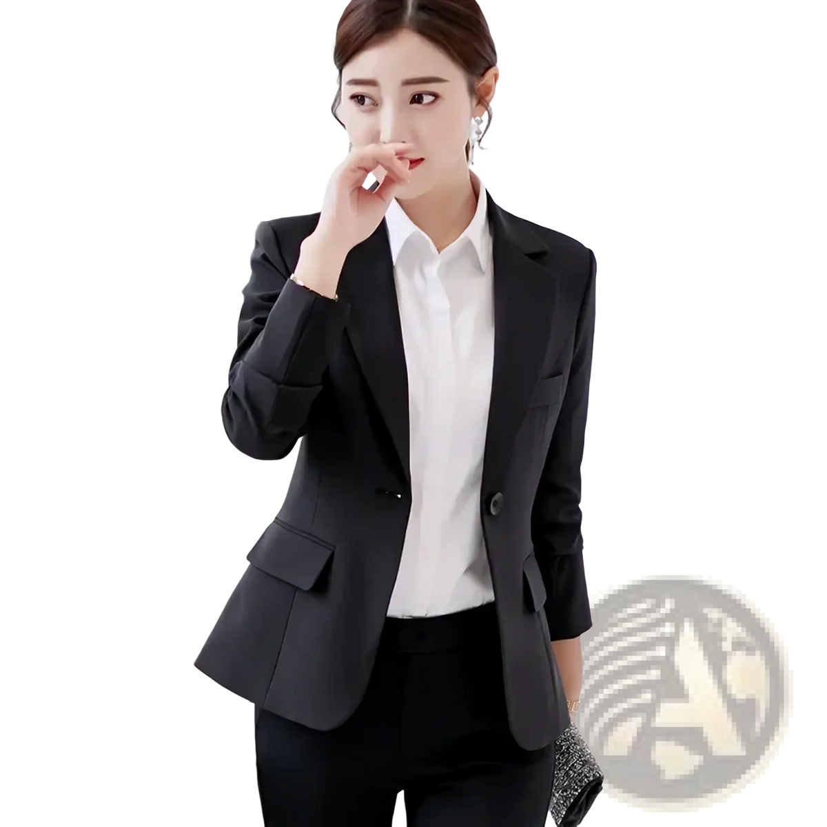 Women slim fit office blazer jacket in black tailored fabric with notched lapels and flap pockets