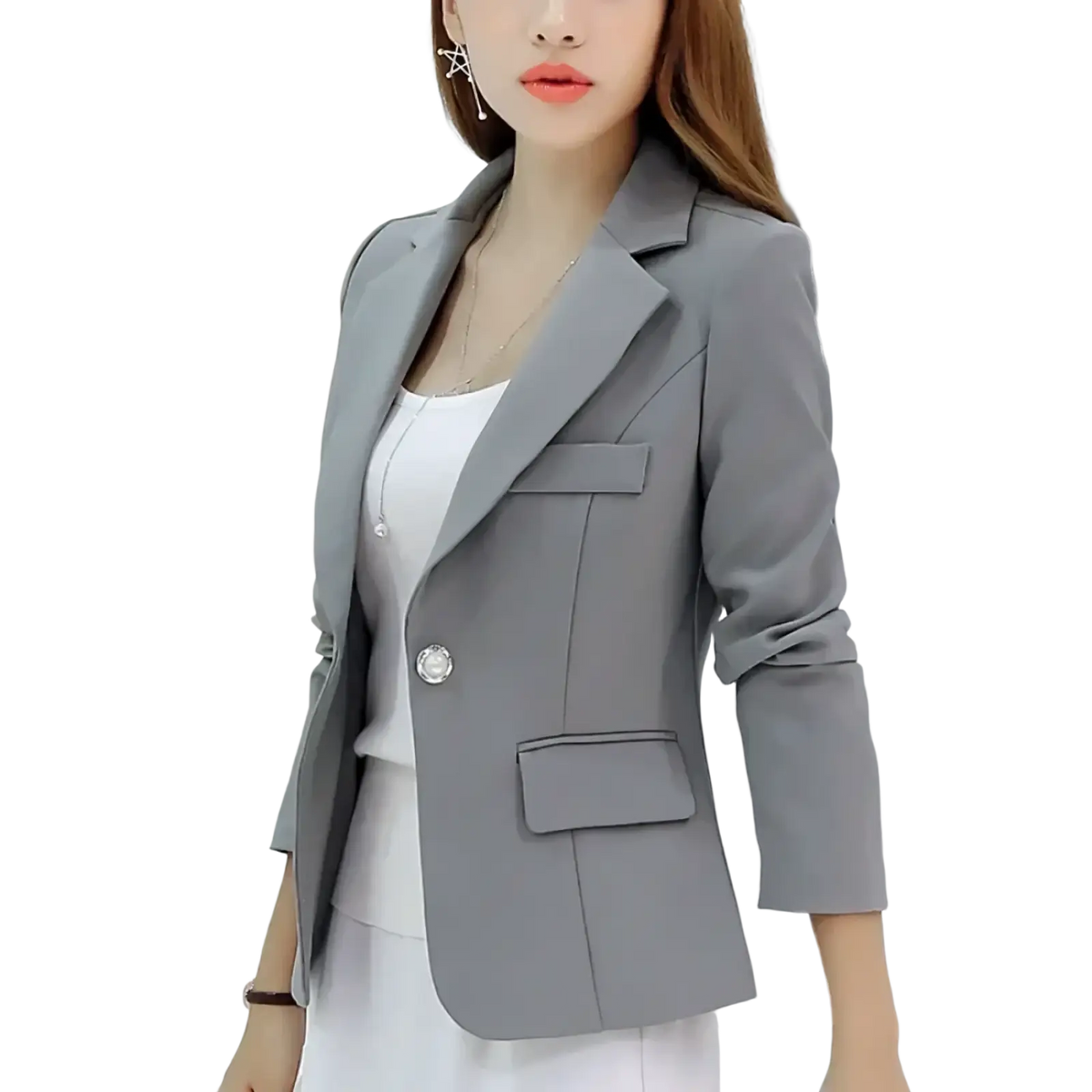 Women slim fit gray office blazer jacket with single button closure and flap pockets suitable for professional wear