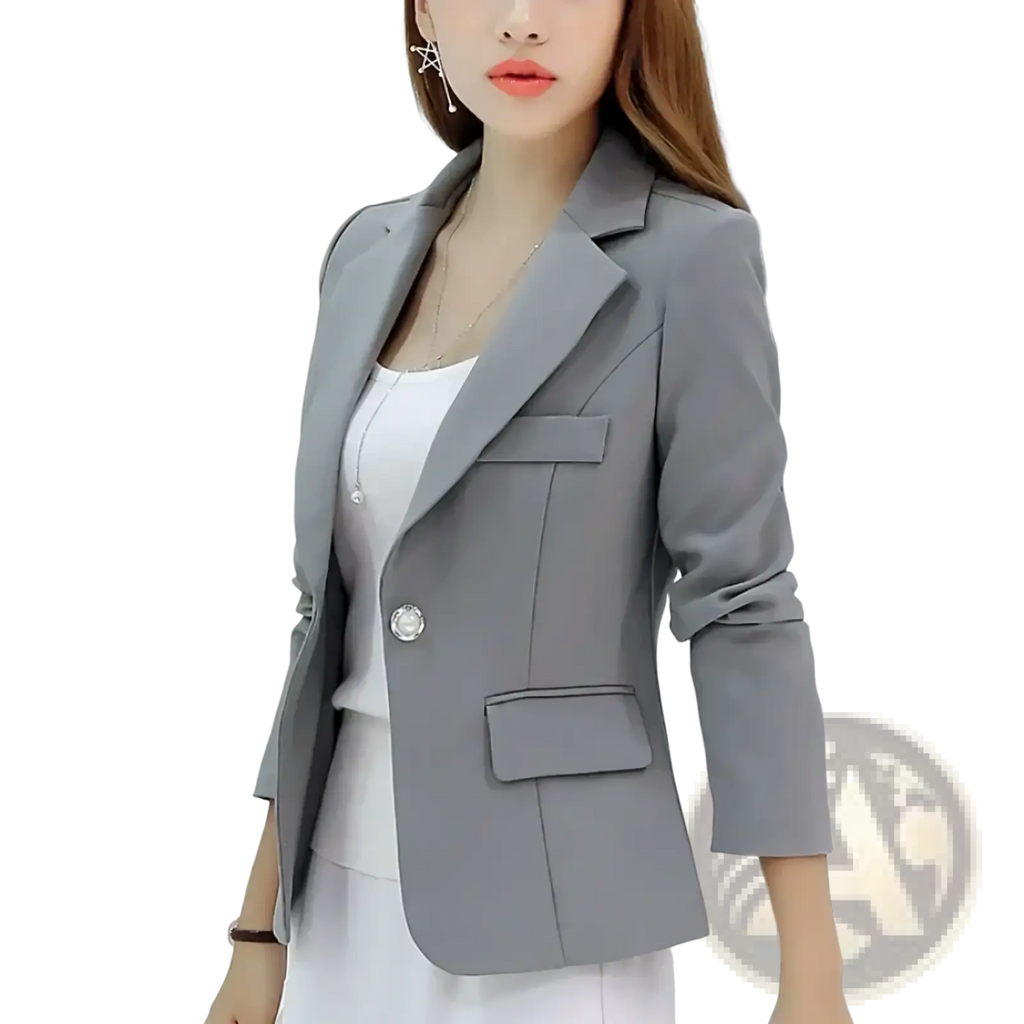 Women slim fit gray office blazer jacket with single button closure and flap pockets suitable for professional wear