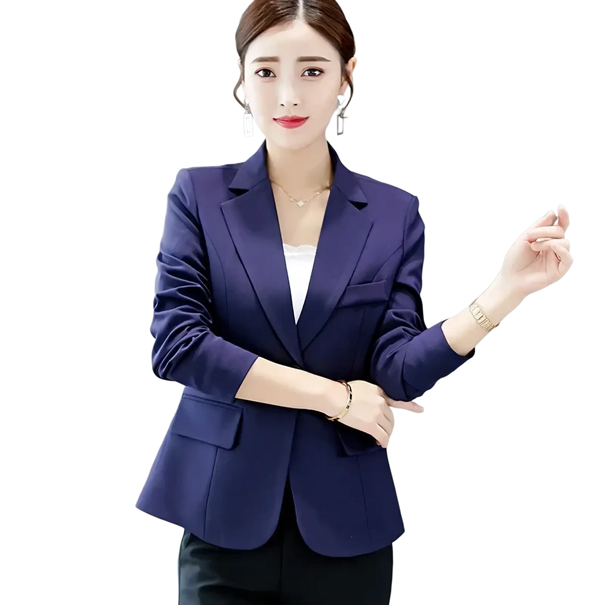 Navy blue women slim fit office blazer jacket with sleek tailored fit and subtle sheen for professional wear