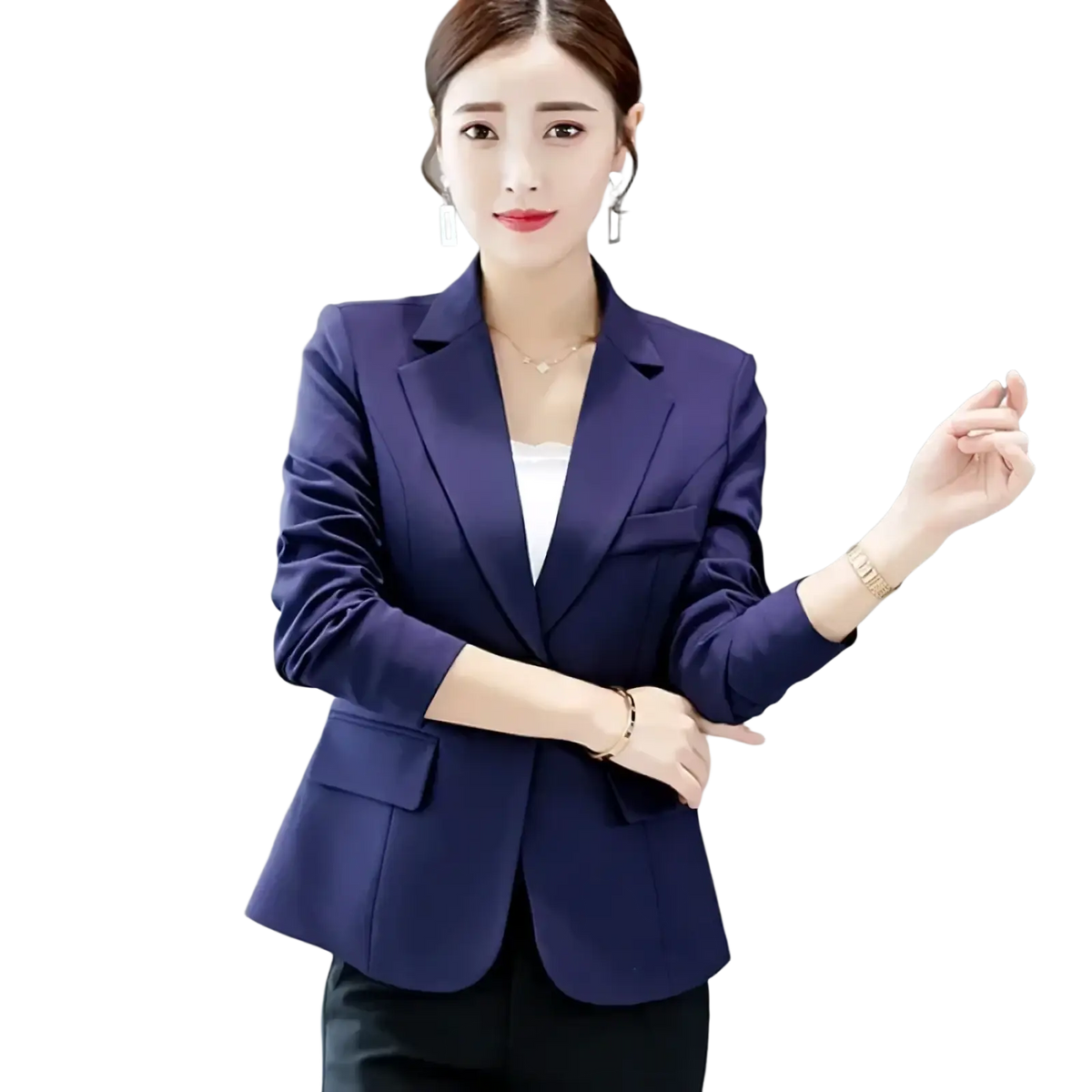Navy blue slim fit tailored office blazer jacket with notched lapels and flap pockets for women