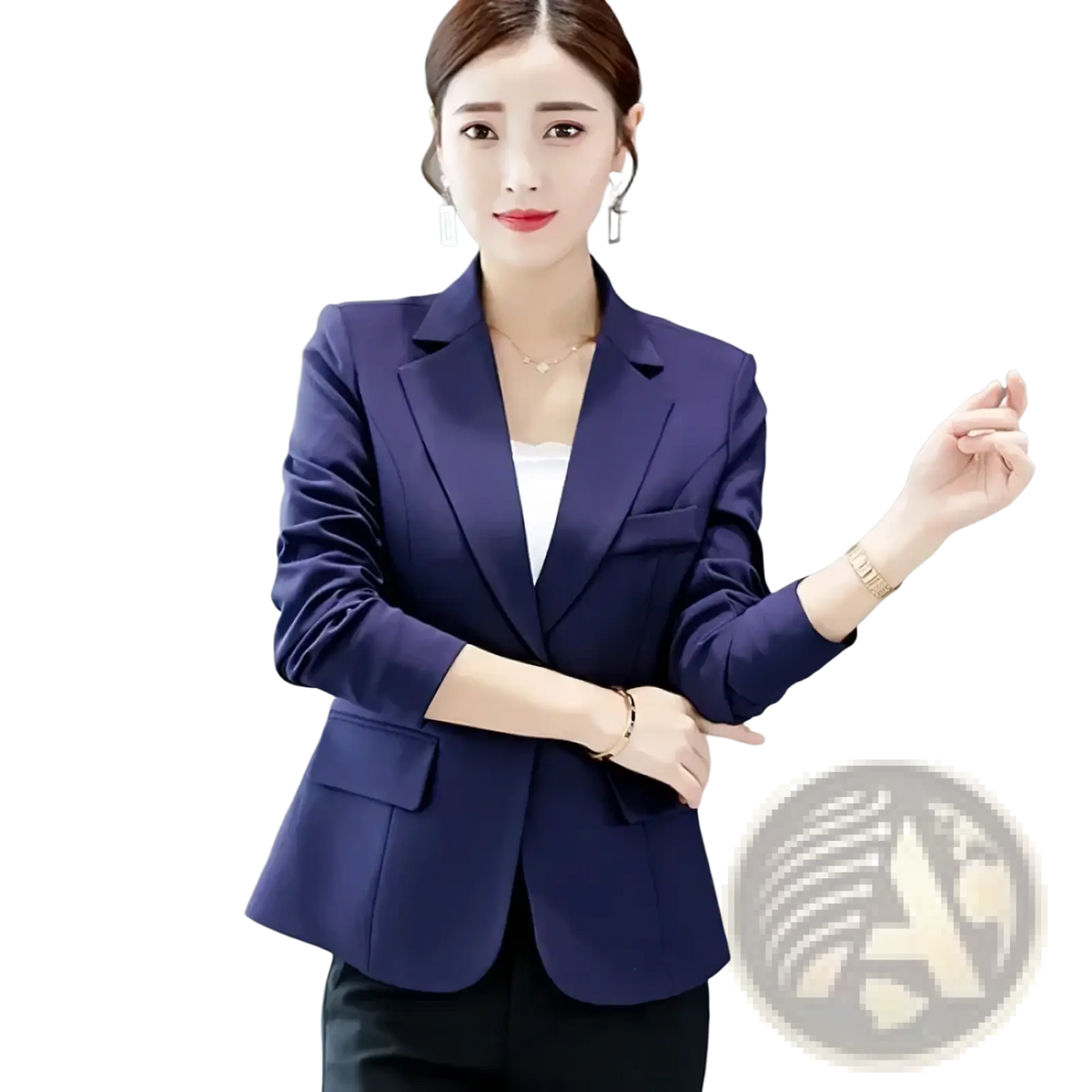 Navy blue slim fit tailored office blazer jacket with notched lapels and flap pockets for women
