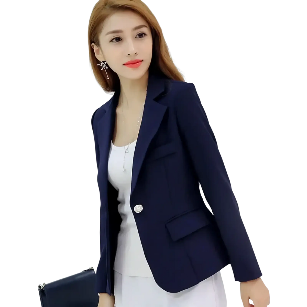 Navy blue women slim fit office blazer jacket with single button closure and structured lapels in smooth fabric