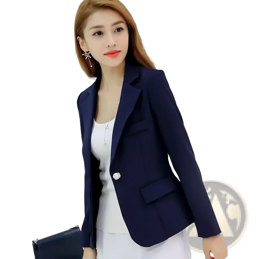 Navy blue women slim fit office blazer jacket with single button closure and structured lapels in smooth fabric