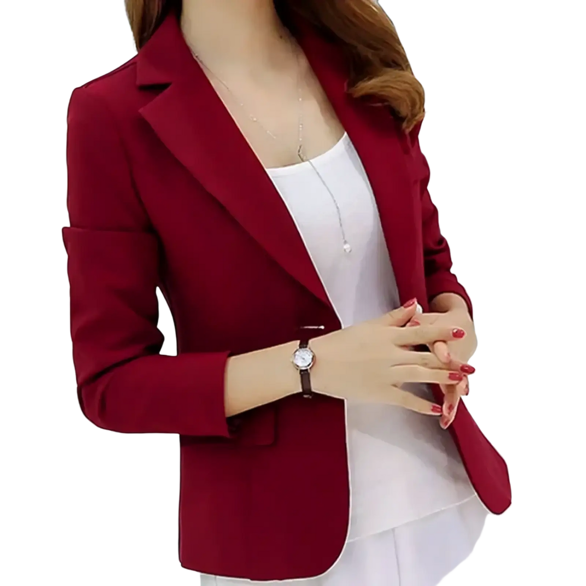 A sleek burgundy slim fit women office blazer jacket with tailored fit and notched lapels