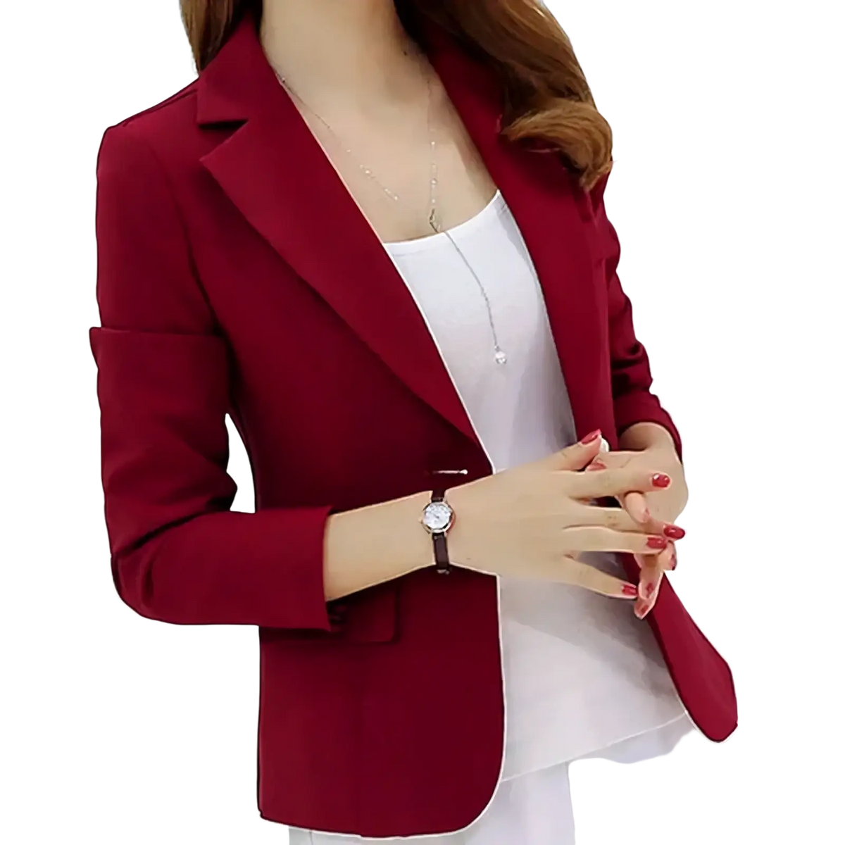 A sleek burgundy women slim fit office blazer jacket with tailored fit and notched lapels for professional wear