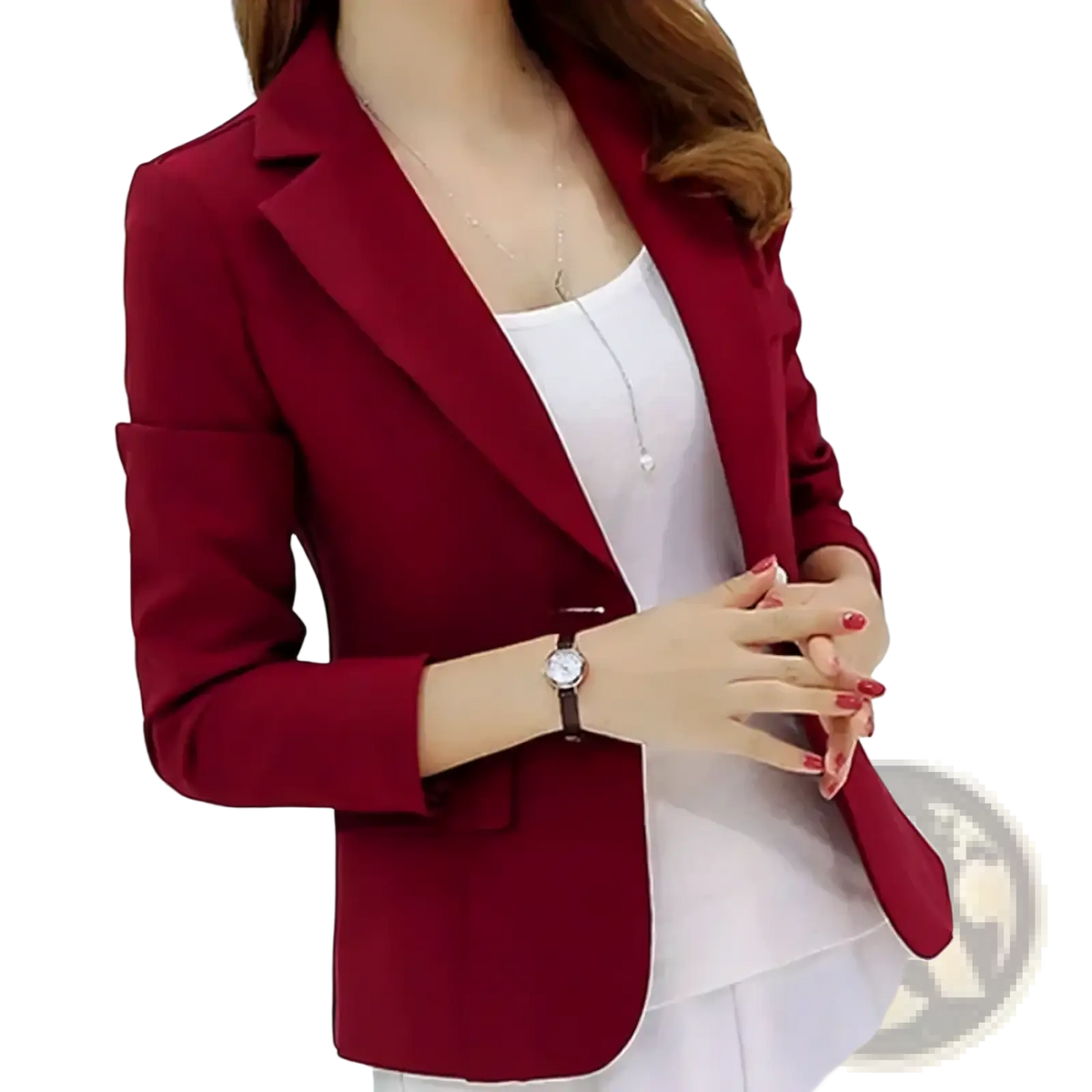 A sleek burgundy slim fit women office blazer jacket with tailored fit and notched lapels