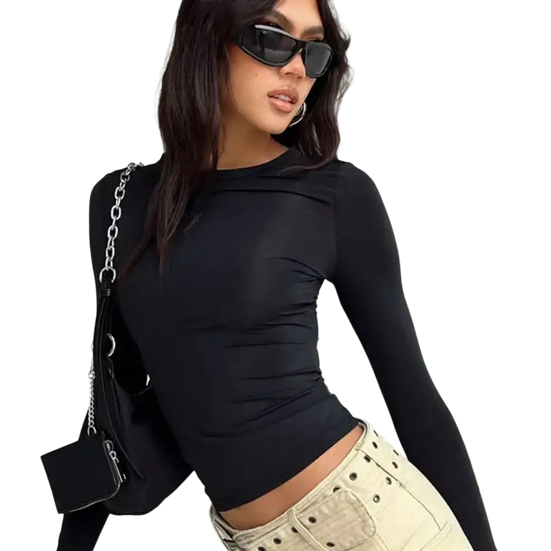 Women slim fit ruched long sleeve crop top in black featuring stretchy material for a flattering silhouette