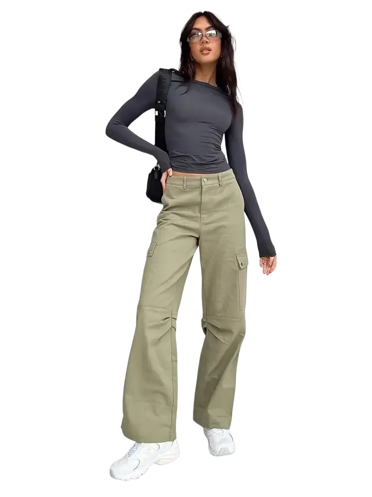 Olive green cargo pants with multiple pockets and straight-leg cut paired with women slim fit ruched long sleeve crop top