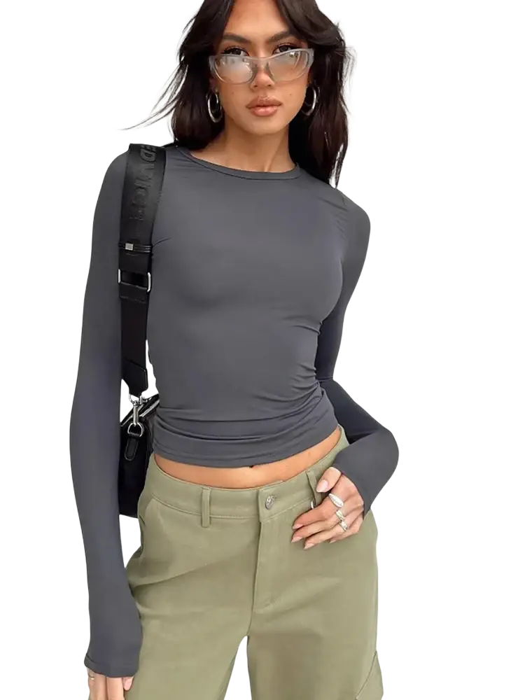 A sleek dark gray women slim fit long sleeve crop top with subtle ruching at the waist and fitted silhouette