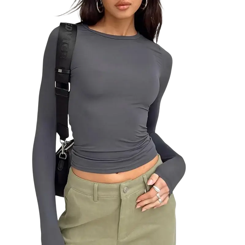 A sleek dark gray women slim fit ruched long sleeve crop top with fitted silhouette and waist detailing